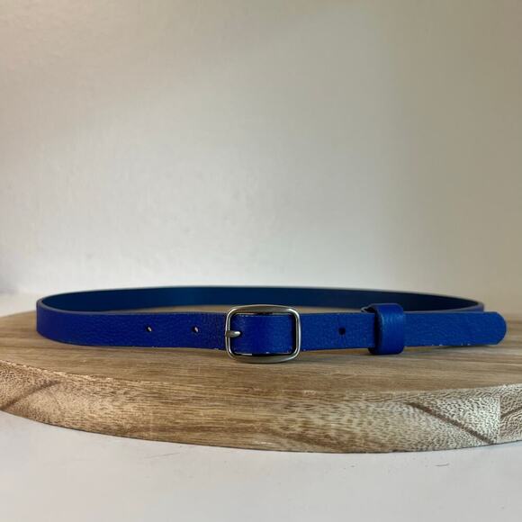 Vintage 90s Blue Genuine Leather Golden Buckle Belt Size Medium - Picture 1 of 7